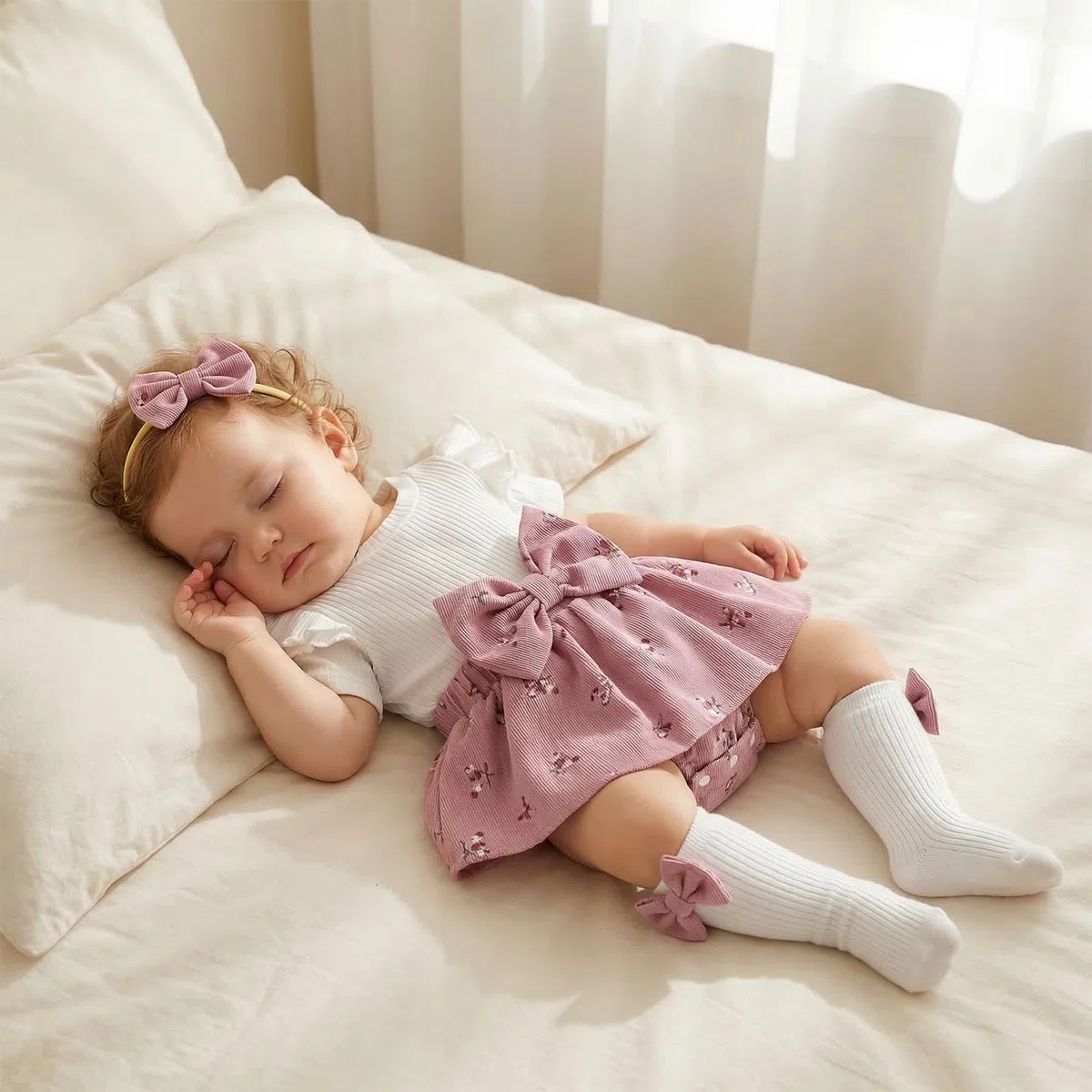 Baby Mädchen Kleidung Blumen Druck Sommer Kleider Rüschen Kurze Ärmel Kleid + Lange Socken + Stirnband Babyset Niedliche Babykleidung