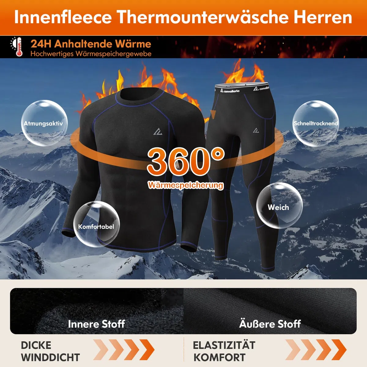 CL convallaria Thermounterwäsche Herren Atmungsaktiv Thermoaktiv Funktionsunterwäsche Innenfleece Skiunterwäsche Weich Thermo Unterwäsche Set