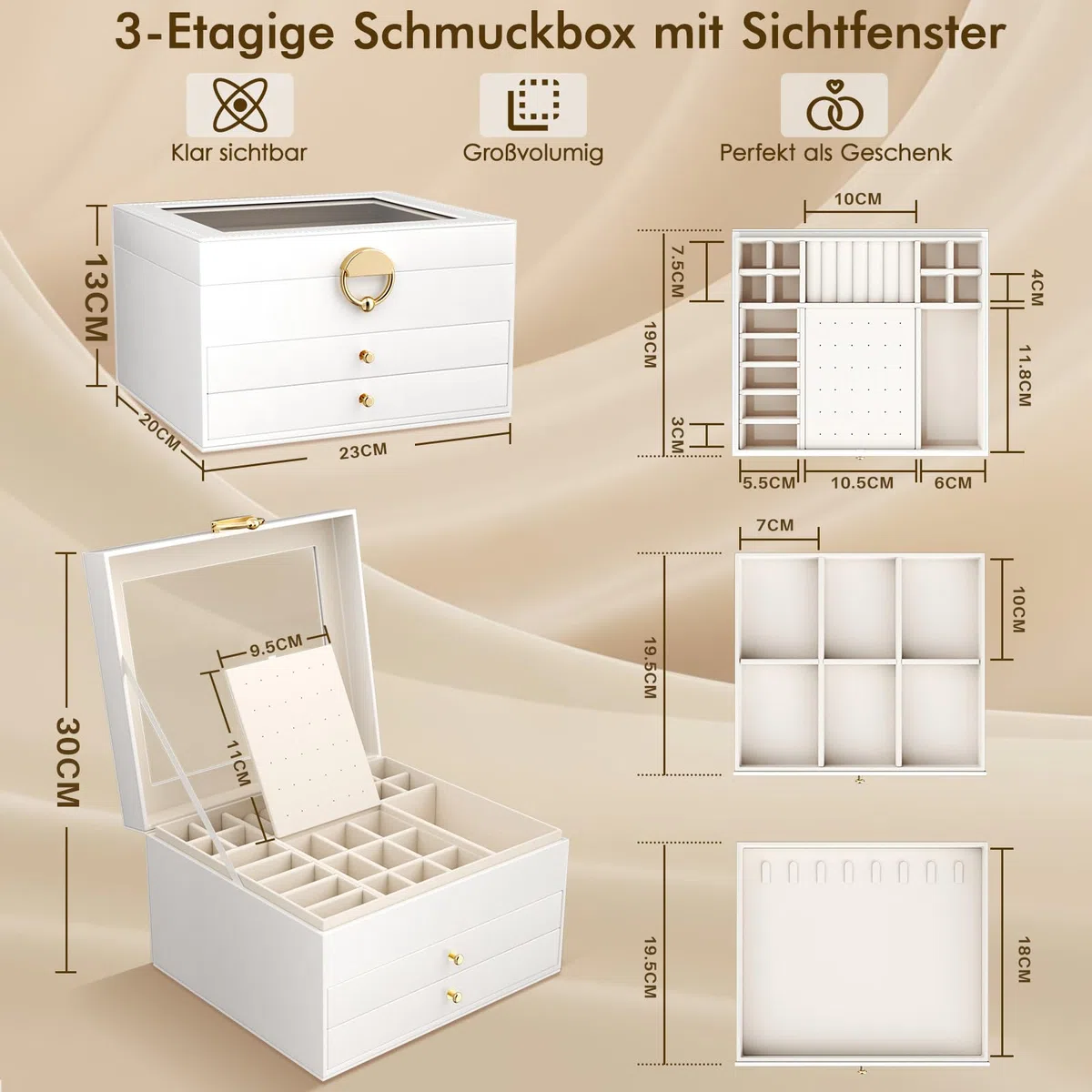 3-Stöckiger Schmuckkästchen Groß Schmuckorganizer mit transparentem Deckel für Schmuckstücke, Ketten & Armbänder, stabile Schmuckaufbewahrung mit Samtfutter (Mattweiß)
