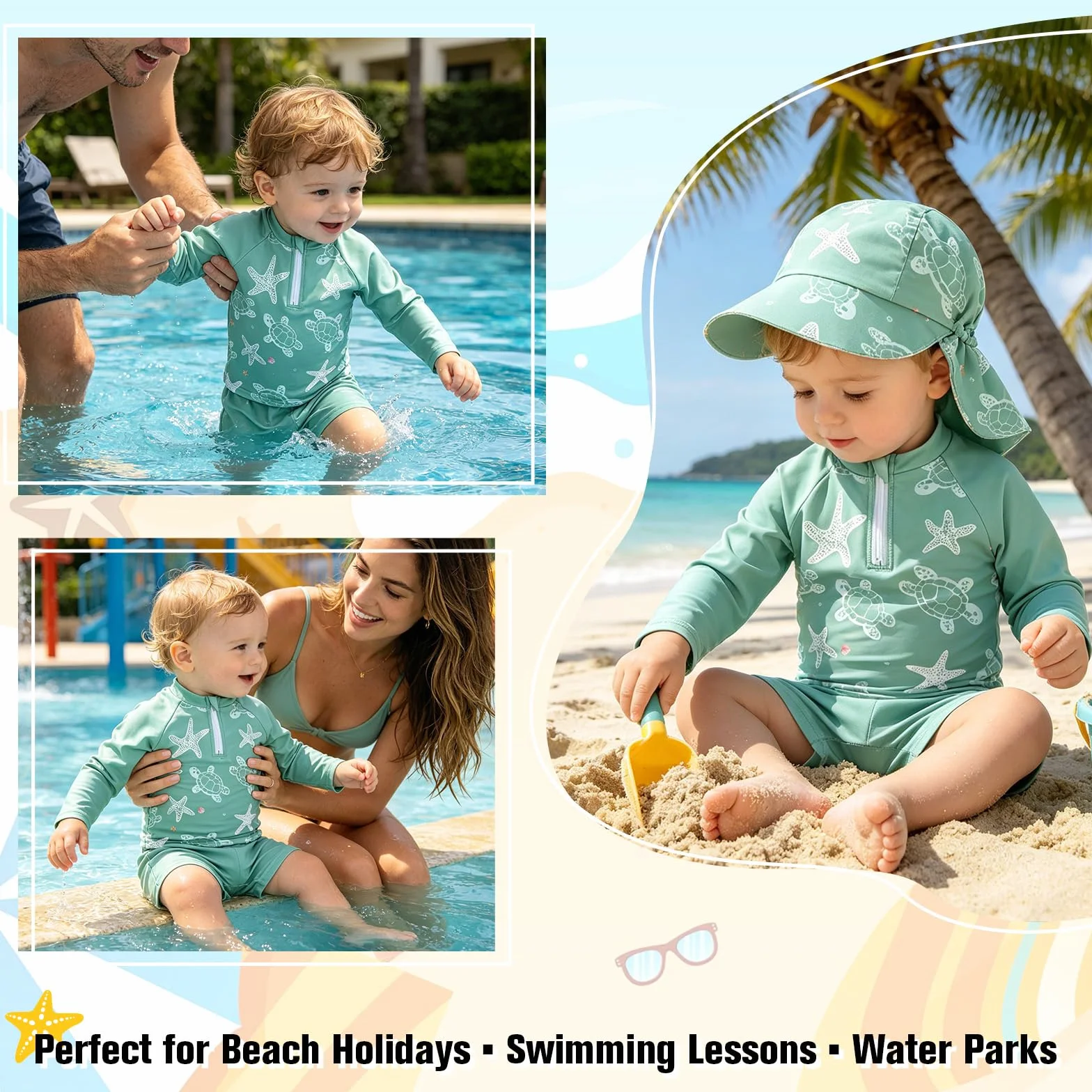 Baby Jungen Badebekleidung Set 2 Teilig mit Hut, Langarm Shirt und Badehose Kinder, Schnell trocknend, Elastisch für Strand Pool Urlaub