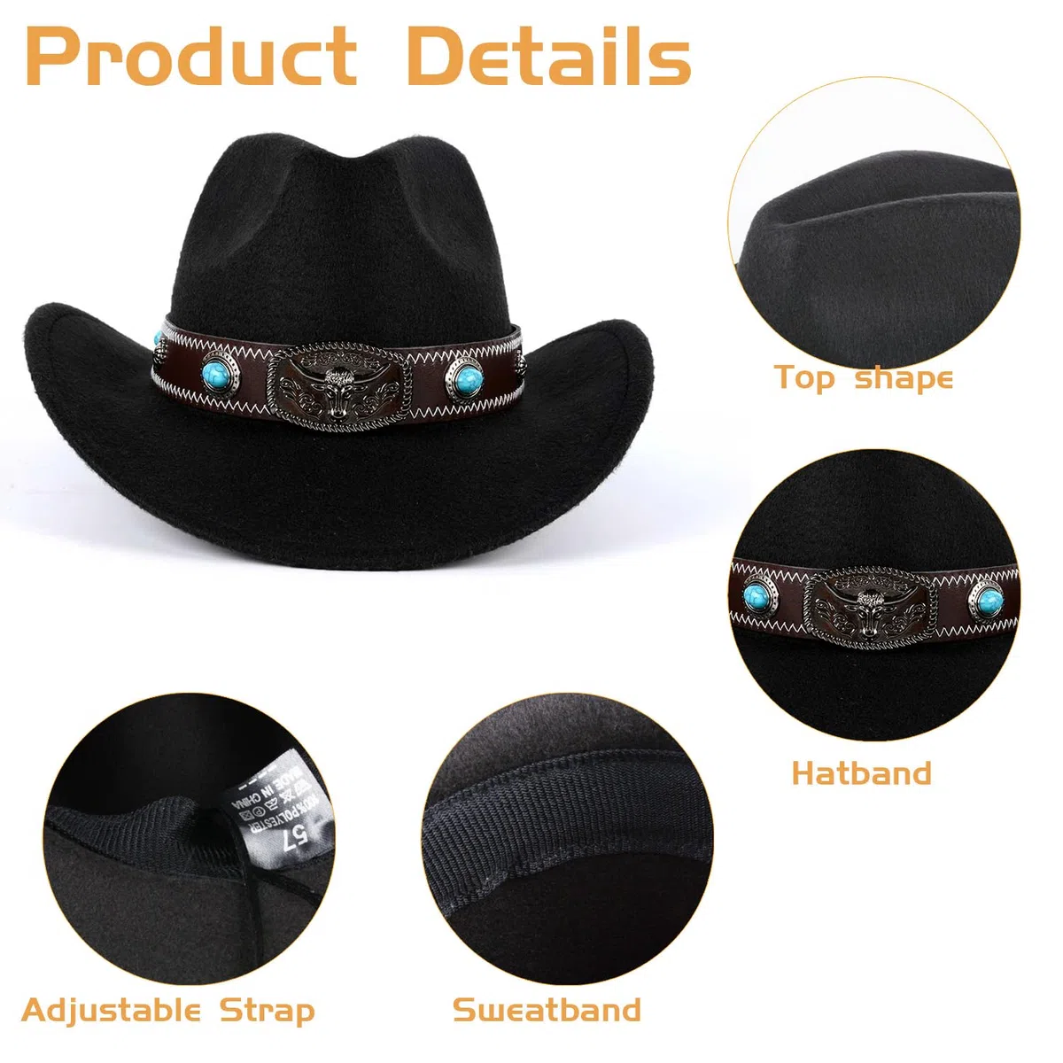Wollfilz Cowboyhut Westernhut mit breiter Krempe | Trilby Fedora Jazz Cap | Formbarer Outbackhut mit Schnallenband | Verstellbarer Derby Partyhut für Damen und Herren (Größe M - 56-58cm)