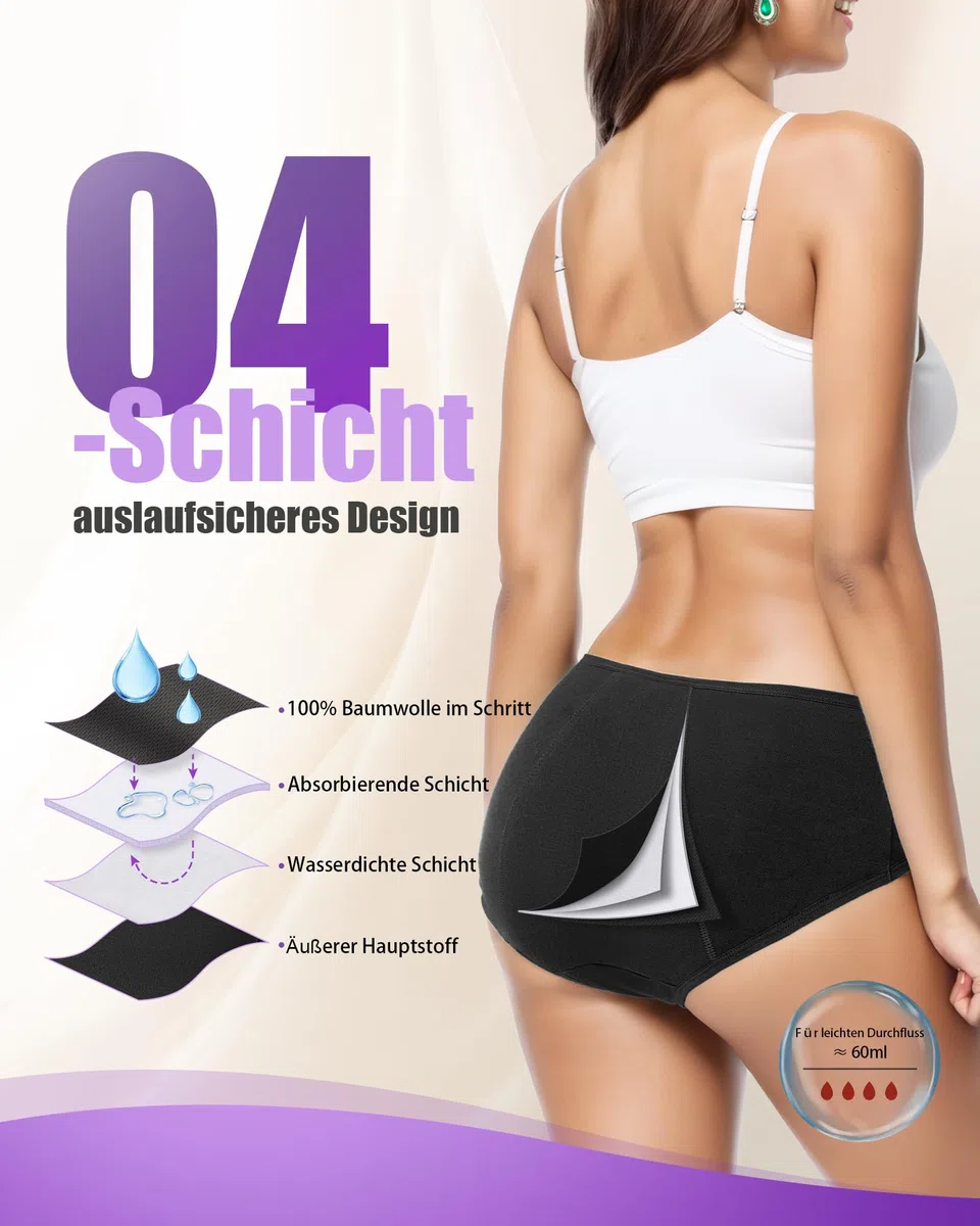 TANSTC Periodenunterschwäsche Starke Blutung Perioden Unterwäsche Menstruationsunterwäsche Mädchen 60ML Auslaufsicher Periodenslip Baumwolle Periodenwäsche, 3er Pack