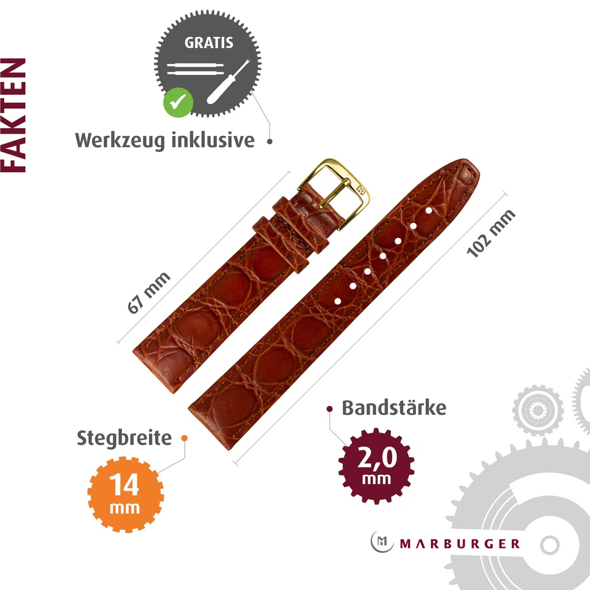 MARBURGER Uhrenarmband 14mm Leder Kroko (Caiman) Prägung Mit Naht - Werkzeug Montage Set 52914