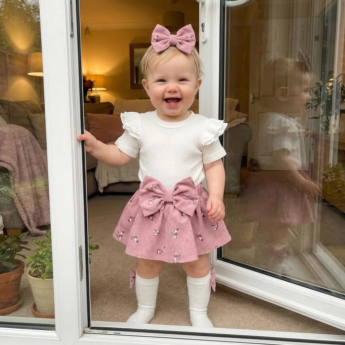 Baby Mädchen Kleidung Blumen Druck Sommer Kleider Rüschen Kurze Ärmel Kleid + Lange Socken + Stirnband Babyset Niedliche Babykleidung