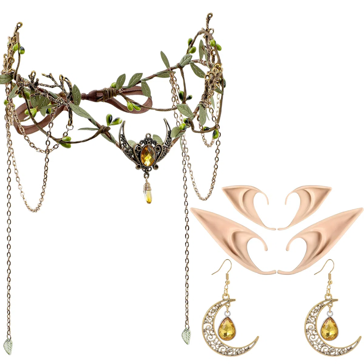 MOSTORY Elfenohren Kopfschmuck Ohrringe Damen Set, Diadem mit Quasten und Mond für Cosplay Karneval Renaissance Kostüm