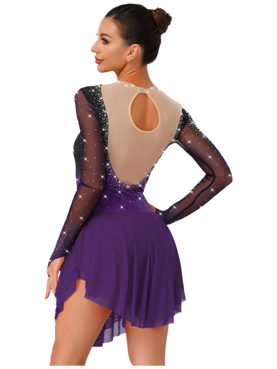 Linjinx kürkleider Eiskunstlauf Kleid Damen Kürkleid Rollkunstlauf Langarm Strass Ballettkleid Gymnastikbody Mit Chiffon Rock Tanzanzug