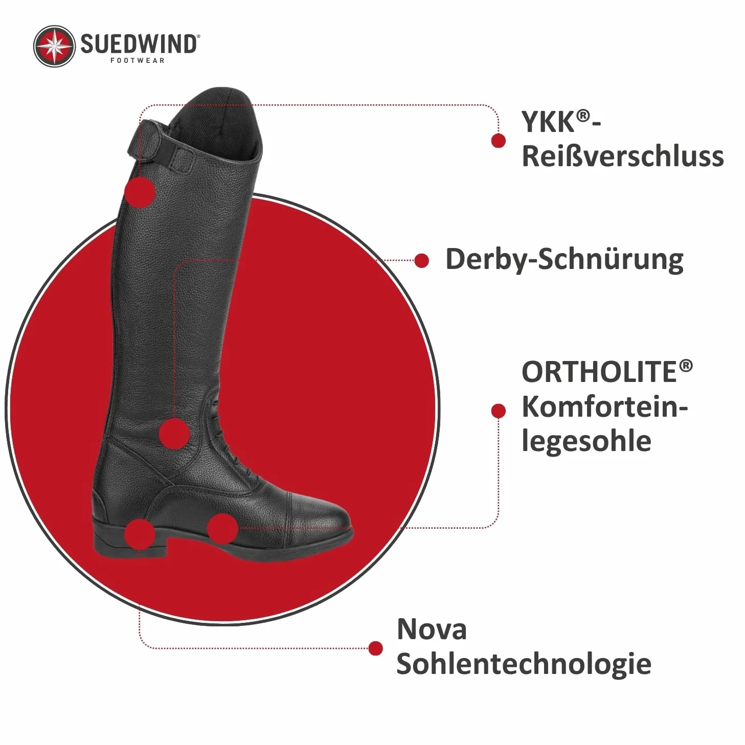 SUEDWIND FOOTWEAR Kinder-Reitstiefel aus Leder Nova Kids Fun Leather – Stiefel zum Reiten – Derby-Schnürung, Reißverschluss, Komfort-Innensohle & auswechselbare Patches – schwarz – 35-41