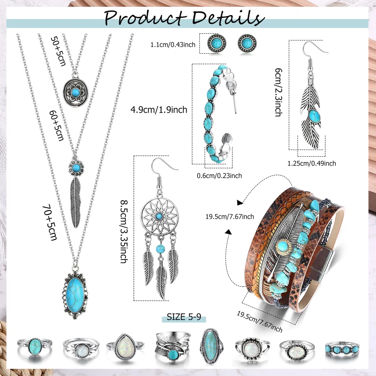 JeweBella Bohemian Türkis Schmuck für Damen Böhmisches Türkis Anhänger Choker Halskette Türkis Feder Dangle Ohrringe Boho Leder Perlen Armband Türkis Stapelbare Knuckle Ringe Western Schmuck Set