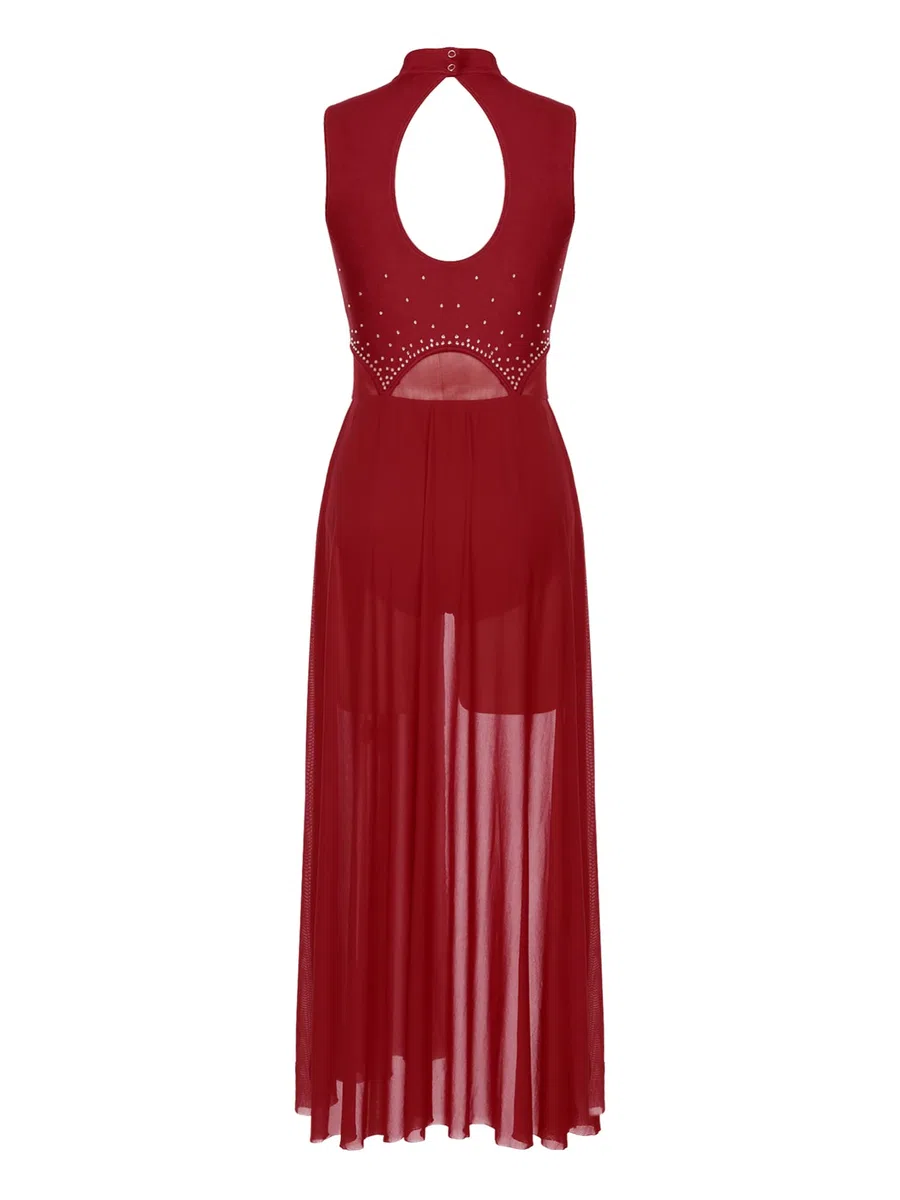 iEFiEL Damen Tanzkleid mit Strass Mesh Ballettkleid Ballett Trikotanzug Jumpsuit Tanzbody Overall Gymnastik Wettbewerb Tanzkostüm