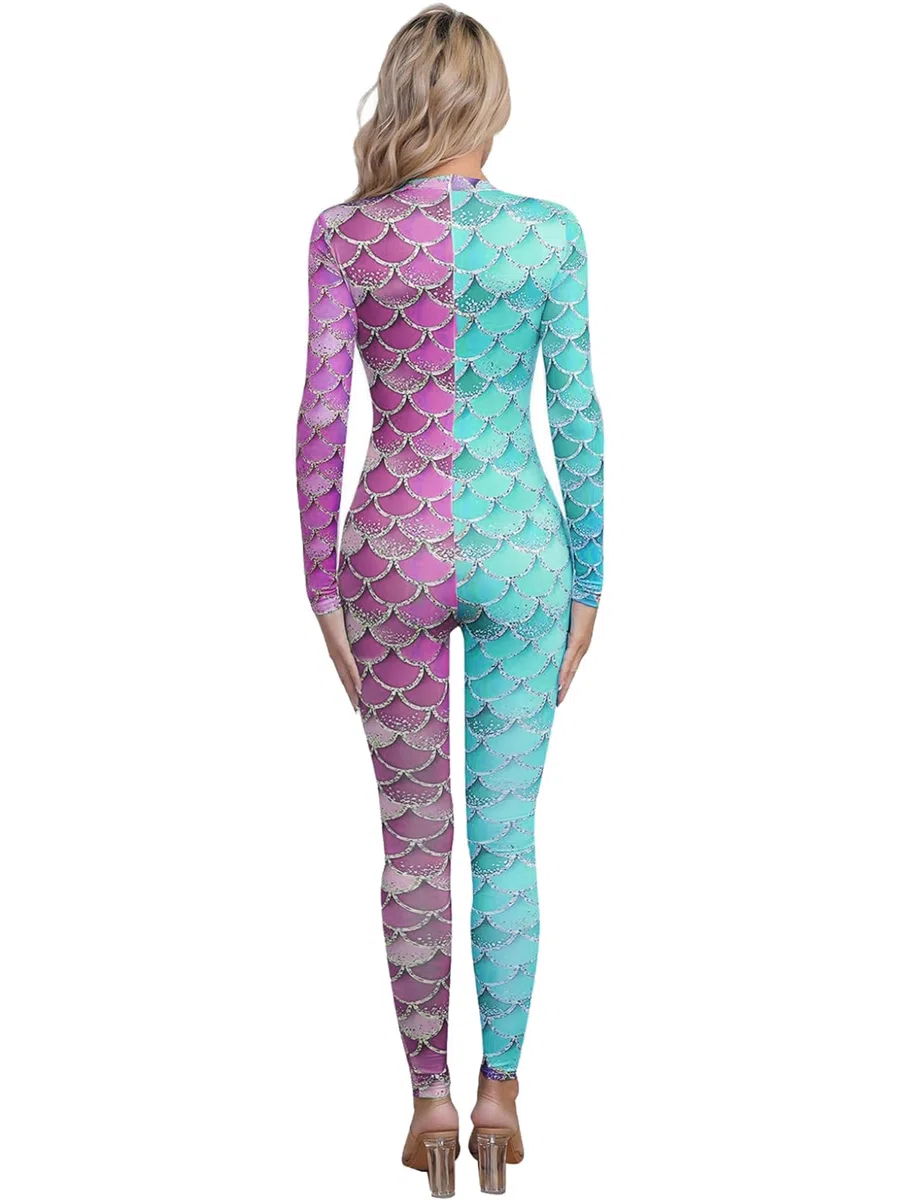 IEFIEL Damen Meerjungfrau Kostüm für Karneval Halloween Cosplay Faschingskostüm Langarm Ganzkörperanzug Ganzanzug Jumpsuit Gymnastikanzug