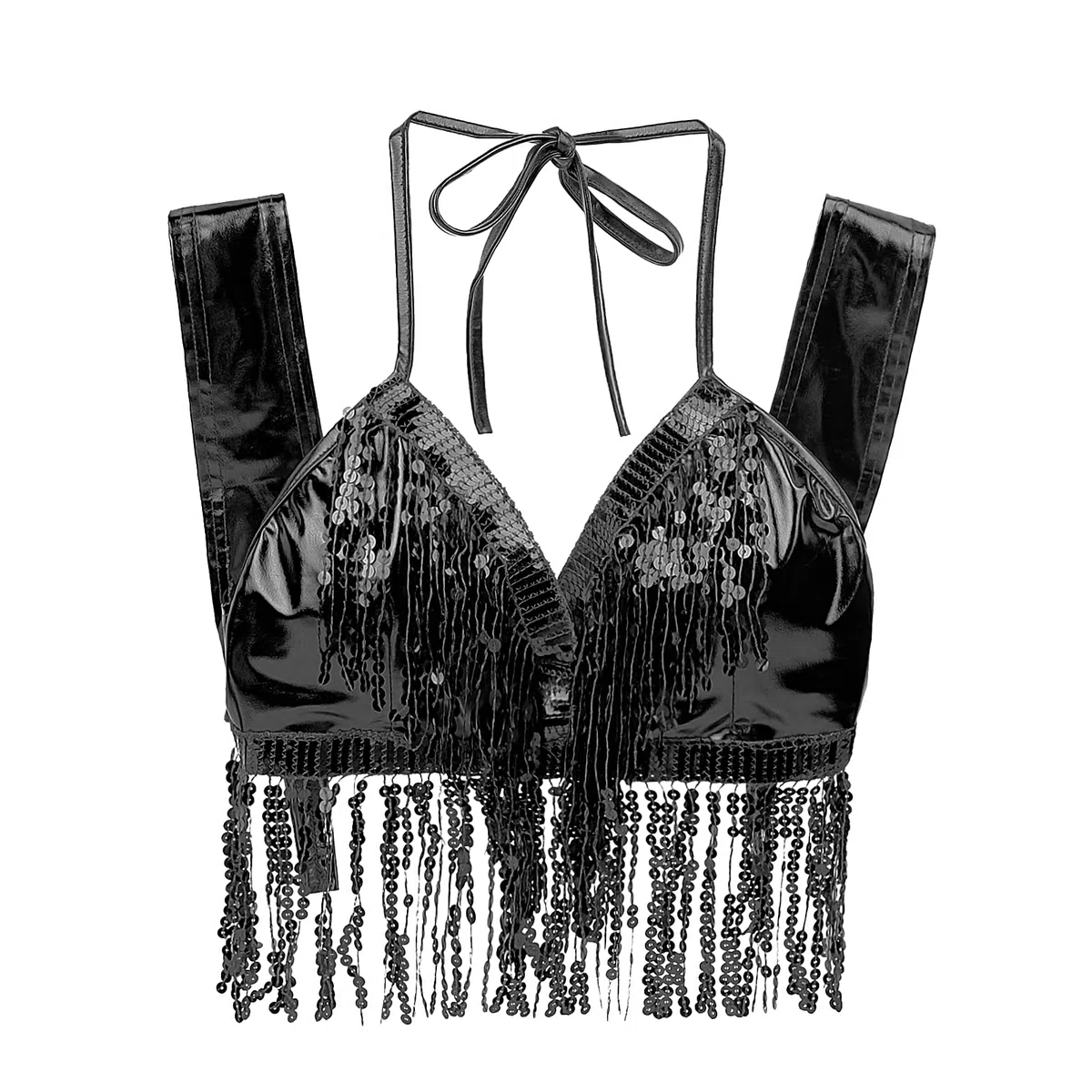 Damen Pailletten BH Bandage Oberteile mit Neckholder Fransen Bauchtanz Crop Top Glitzer Tanzwerkzeug Rückenfreie Nachtclub Tanzbekleidung Clubwear Bühnenaufführungen Kostüme Für Yoga Cha Cha Latein