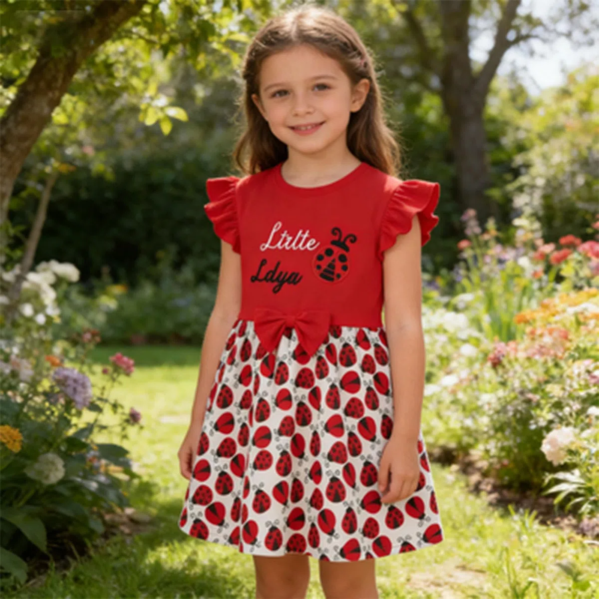 Kurzärmeliges Mädchen Kleid Mit Marienkäfer-Print - Lockeres Sommerkleid Mit Schleifenmotiv | Lässiges Kleid Für Alltag Und Spielplatz
