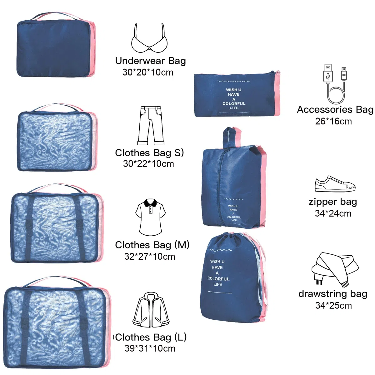 14-teilige Zweifarbige Koffer Organizer, Kofferorganizer Reisezubehör – Packwürfel, Packing Cubes & Packtaschen, Ordnungssystem für Koffer bei Urlaub & Reisen (14, Navy & Pink)