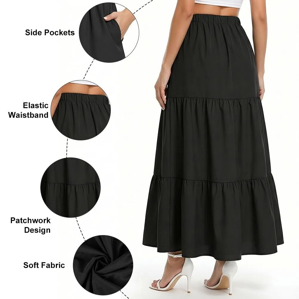 Röcke für Damen mit Taschen - Basic Solid A-Line Elegante Plisseerock Knielang Skater Röcke, Boho Maxirock Casual Elastischer Bund Lang Hohe Sommerrock Langrock, Schwarz