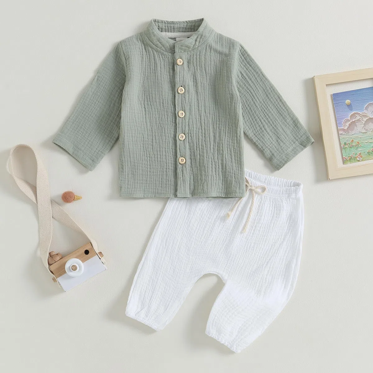 Yassiglia Baby Jungen Baumwolle Zweiteiler Outfit Weiches Musselin Kleidung Set Bequeme Bekleidungssets für Kleinkind Langarm Stehkragen Hemd + Hose