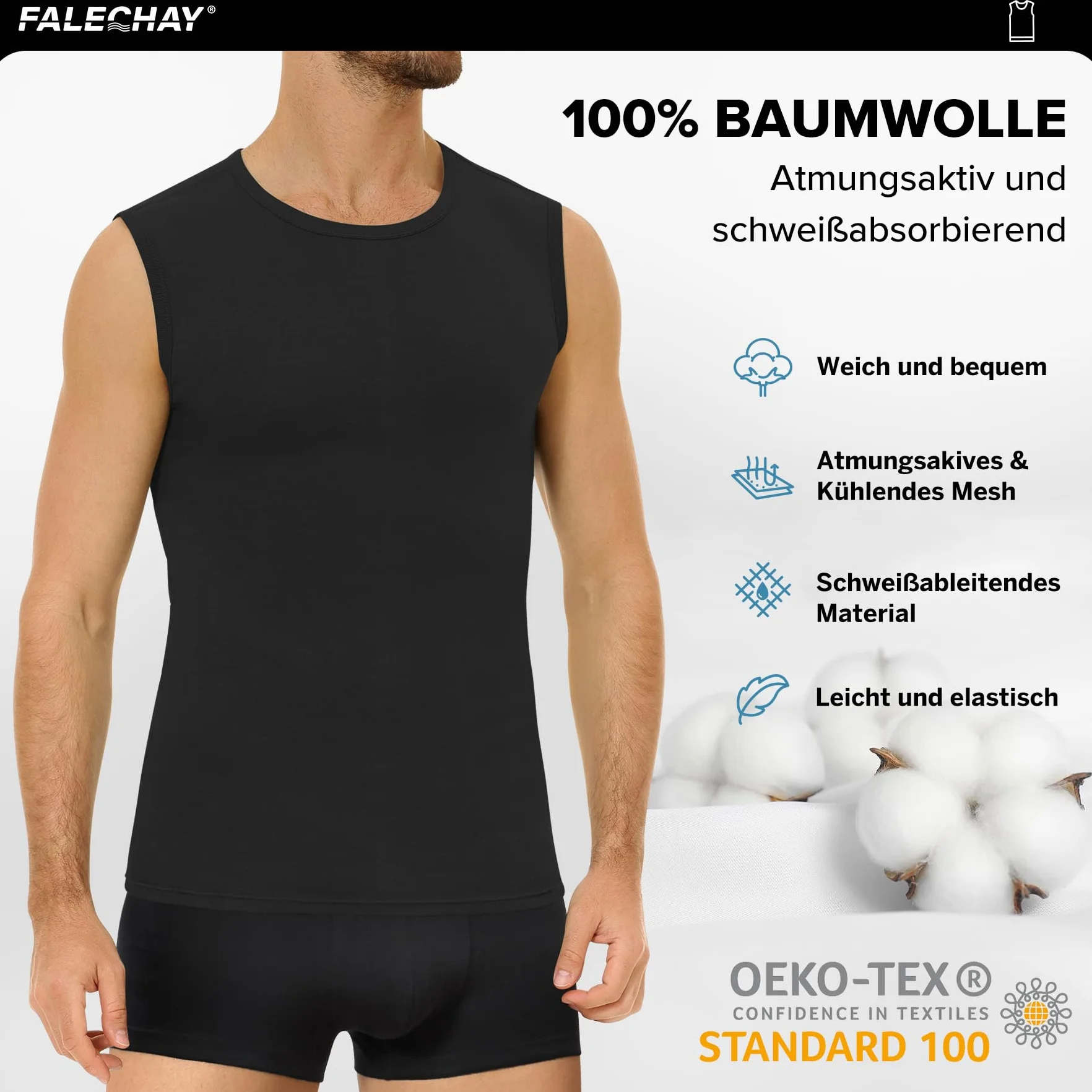 Falechay 3er Pack Unterhemd Herren 100% Gekämmte Baumwolle Tank Top Herren Ärmelloses Unterhemden