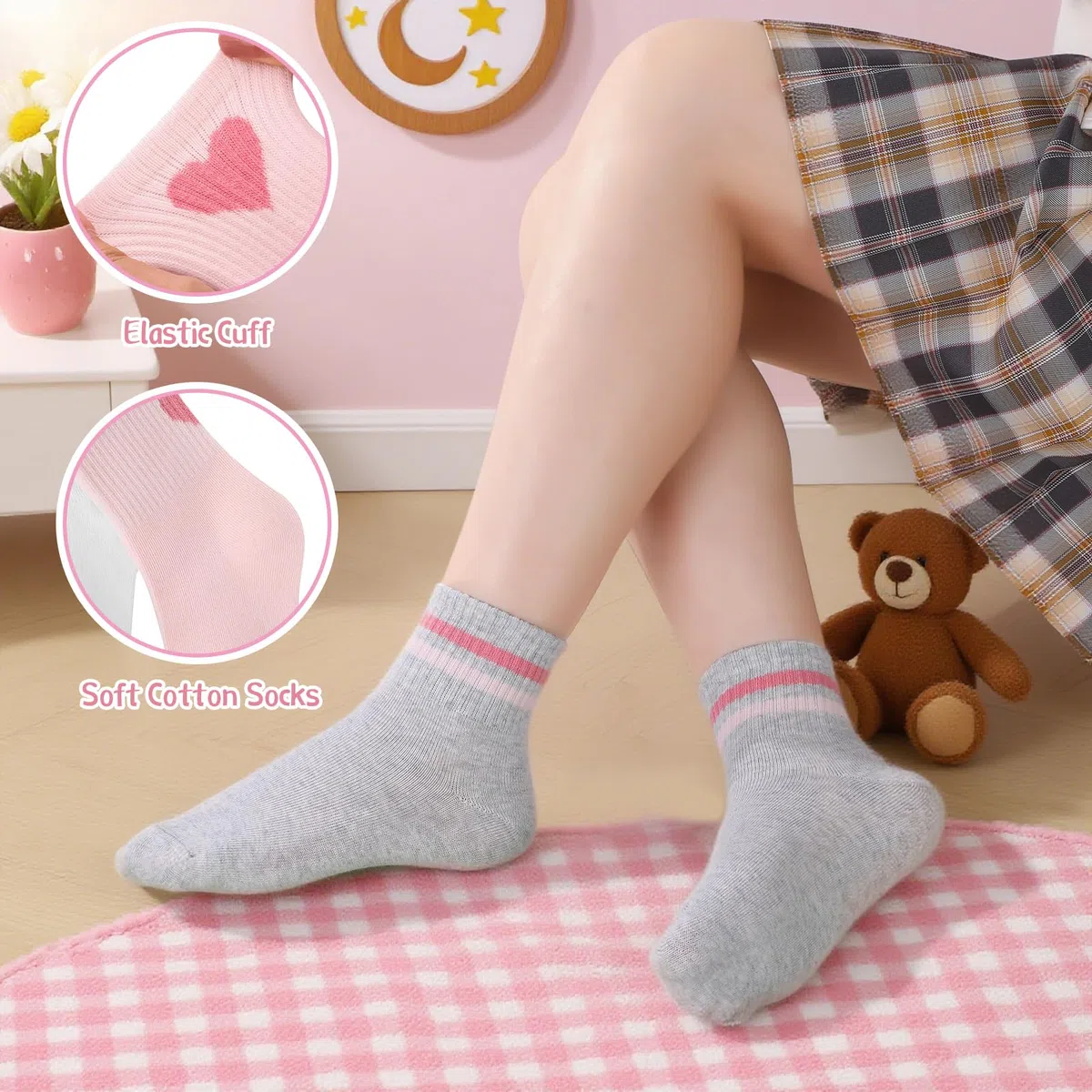 Utensilsto 4 Paare Kind Tennissocken Sportsocken, Mädchen Jungen Streifen Herz Tennis Socken Gestreifte Socken Kinder Baumwolle Mittelrohrsocken, Retro Crewsocken 9-12 Jahre (Farbe 1)