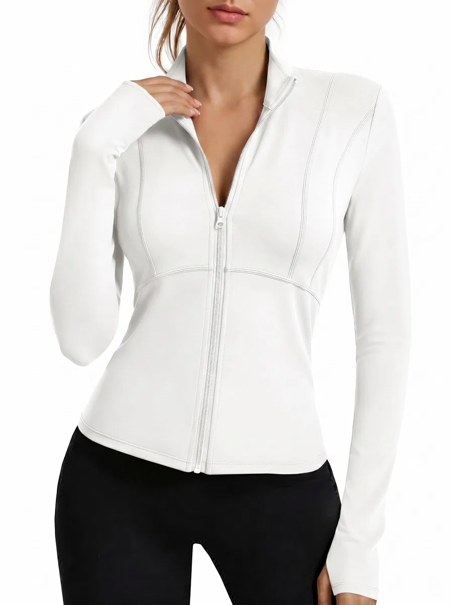 Fisoew Damen Laufjacke Langarm Zip Up Slim Sportjacke UPF 50+ Leichte Trainningsjacke Yoga Gym Fitness Tops mit Daumenloch