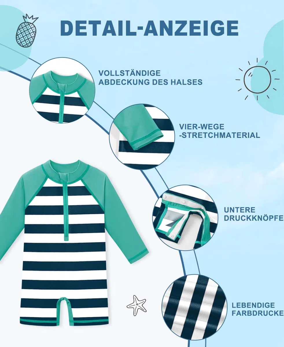 BesserBay Baby Langarm Badeanzug UPF 50+ mit untere Knöpfen 1/2 Zip Einteiliger Rash Guard 0-36 Monate