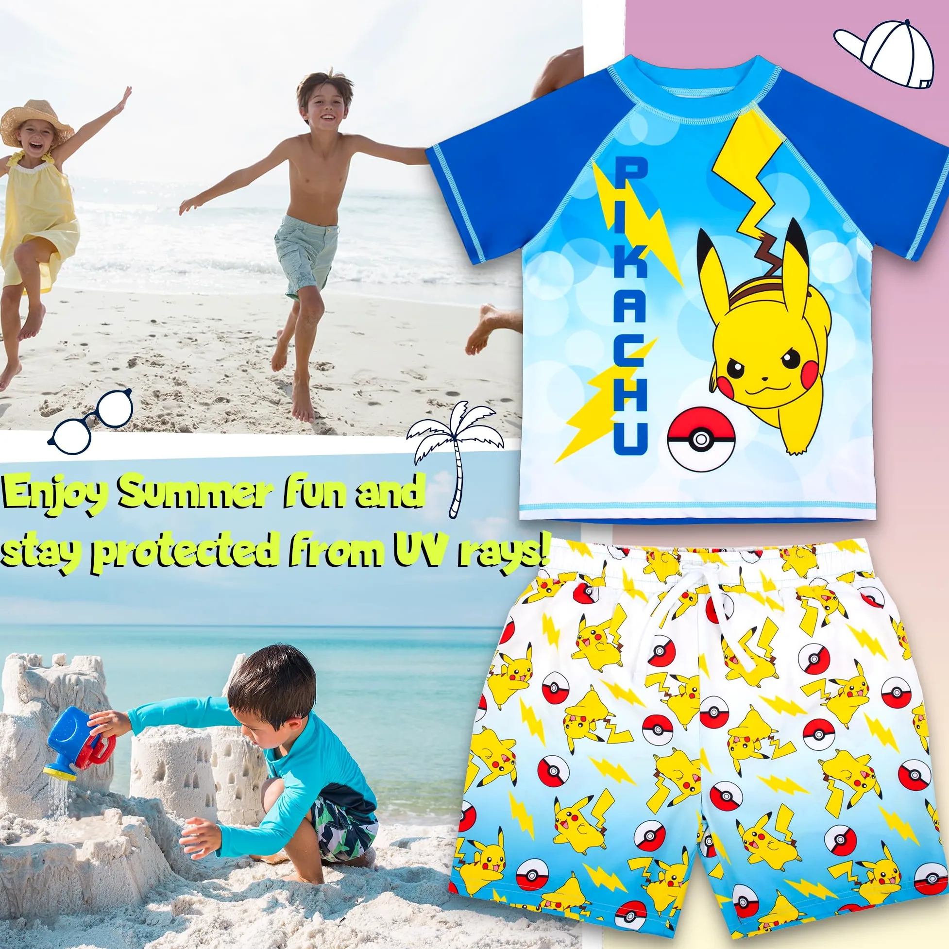 Pokémon-Badeset für Jungen, 2-teilige Badeshorts und T-Shirt, UV-Sonnenschutz-Badeanzug für Jungen im Alter von 5–12 Jahren
