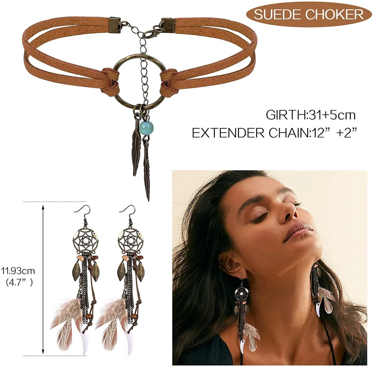 LOLIAS Boho Traumfänger-Ohrringe Drop Leder Choker Halskette Set für Frauen Handmade Retro Vintage Bohemian Feder Anhänger Dangle Ohrringe Stammes-Schmuck Geschenk