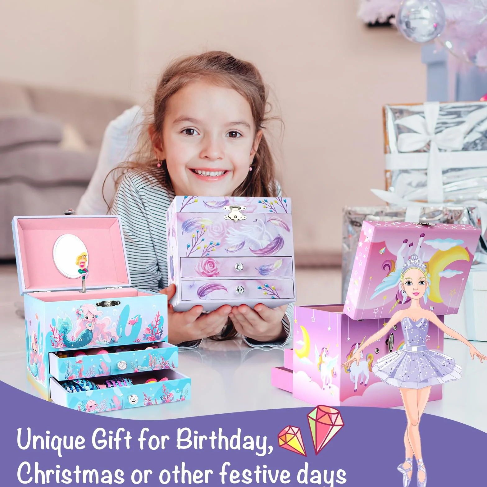 Ballerina Schmuckkästchen für Mädchen, Kinder Spieluhr mit drehender Ballerina, 2 Schubladen und Einhorn Schmuckset, Musikkästchen Geschenk für Kinder Mädchen