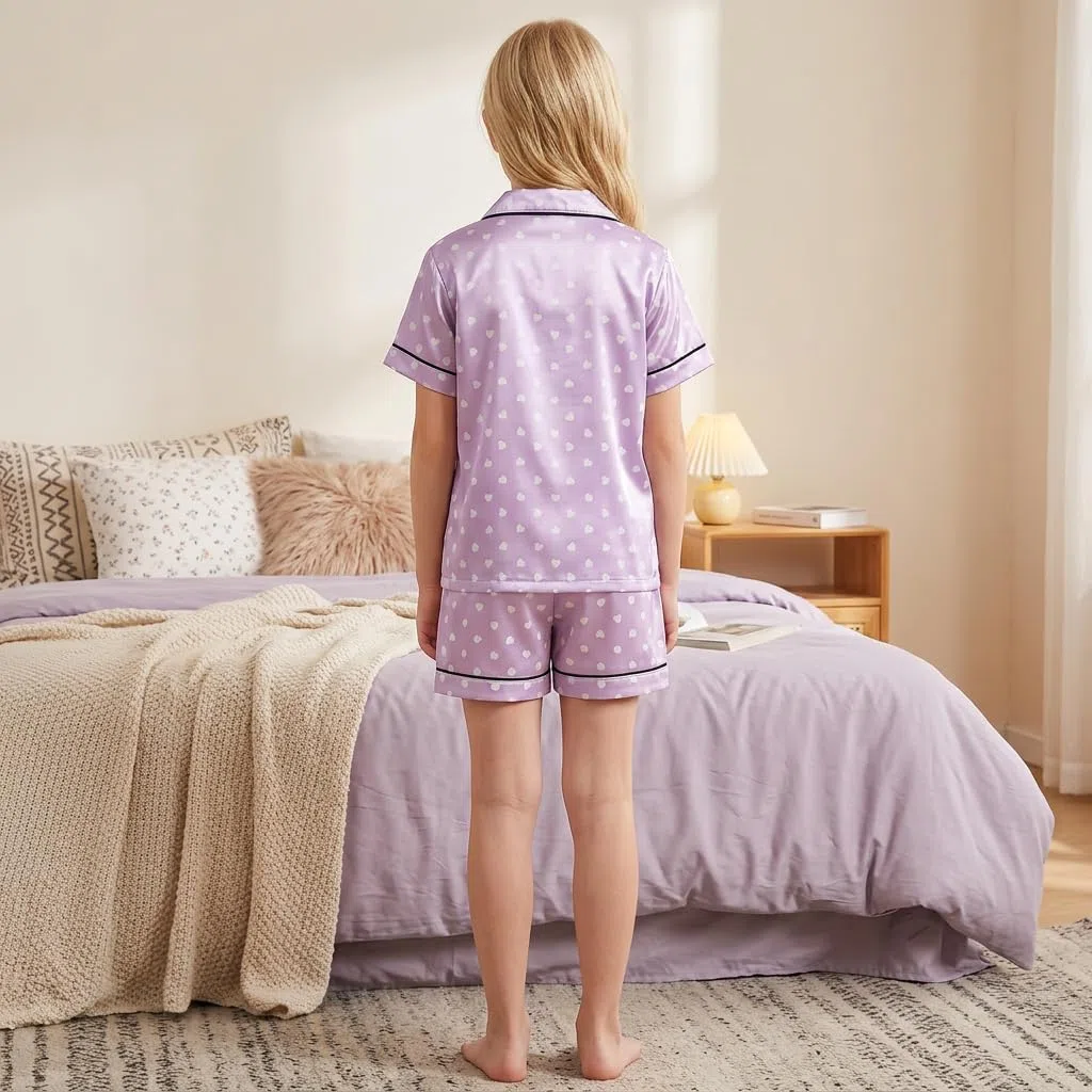 JiAmy Mädchen Satin Pyjama Kurzarm 2 Teilig Kinder Schlafanzug Sommer Nachtwäsche mit Herzmuster Knopfleiste Weiches Schlafanzug Set für 8-12 Jahre