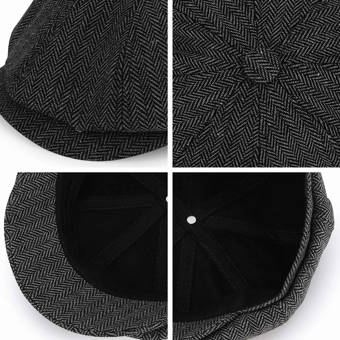 Newsboy Stil Tellermütze Schirmmütze Herren Damen - 8 Panel Peaky Fischgräten Tweed Retro Schiebermütze Schlägermütze Gatsby Cap - 56cm, Kaffee