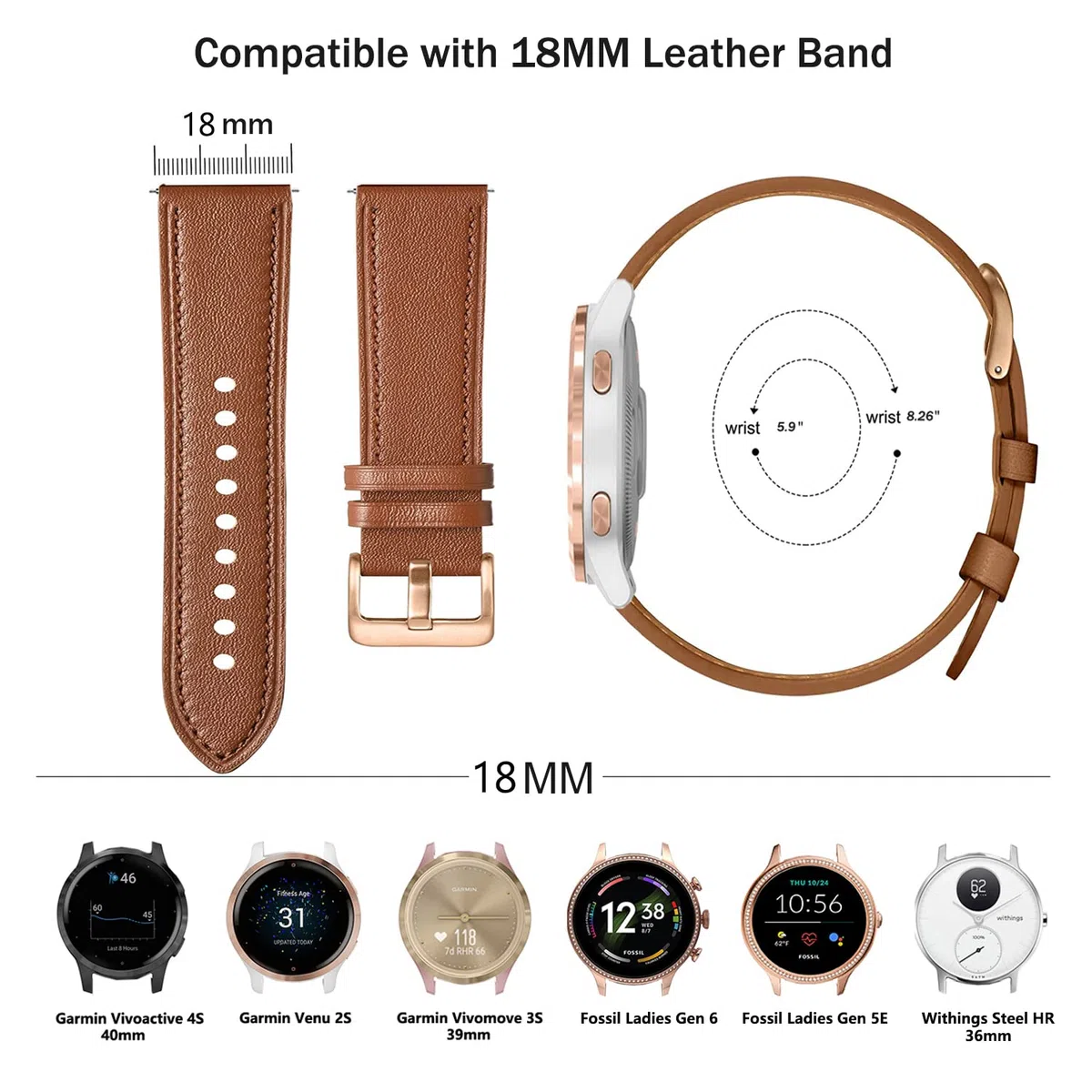 Issinlky echtes Lederarmband kompatibel Garmin Vivoactive 4S/Venu 4 41mm/Venu 2S/3S/Vivomove 3S,18mm Armband für Fossil Damen Gen 6/5E/4/3