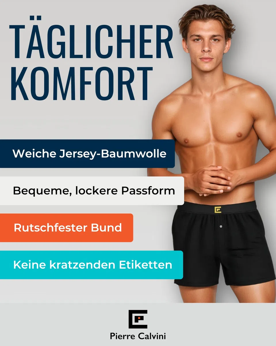 Pierre Calvini Herren Boxershorts weit geschnitten (3er/6er Pack) – 95% Baumwolle 5% Elastan, lockere Passform, atmungsaktiv & etikettenfrei, weiche Schlaf-Boxershorts