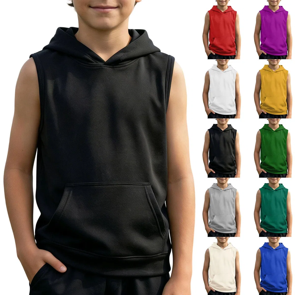 Generisch Jungen Tank Top Ärmelloses Rundhals Unterhemd mit Kapuze Sommer Training Gym Sport Tanktop Basic Einfarbig Unterhemden Bequem Atmungsaktiv Oberteil Stretch Weiche Trägertop