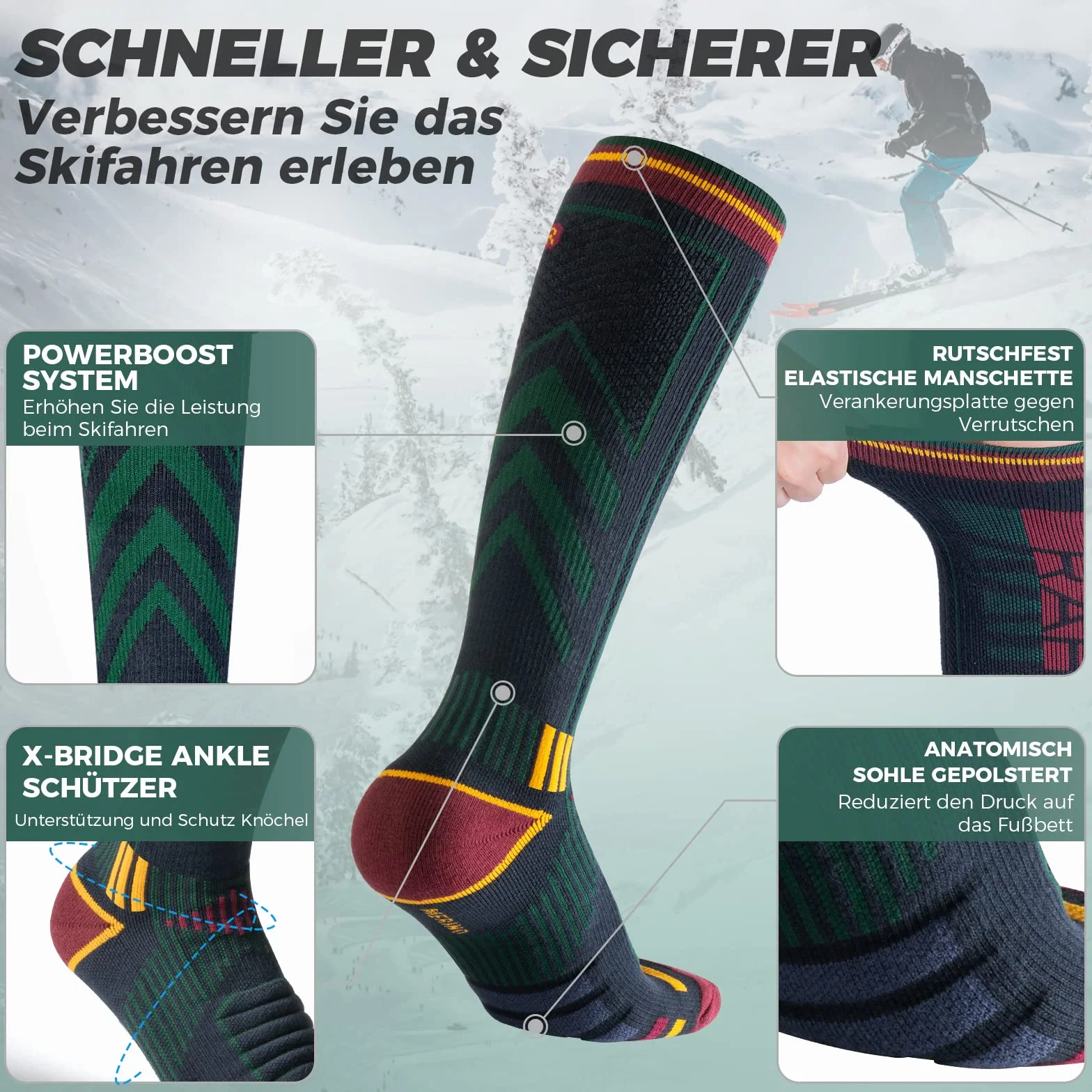 Rahhint Skisocken aus Merinowolle Thermosocken Wintersocken Warme Dicke Kniestrümpfe Kompressions Snowboardsocken, Kniehohe,für Herren und Damen, Größe 35-51，2 Paar