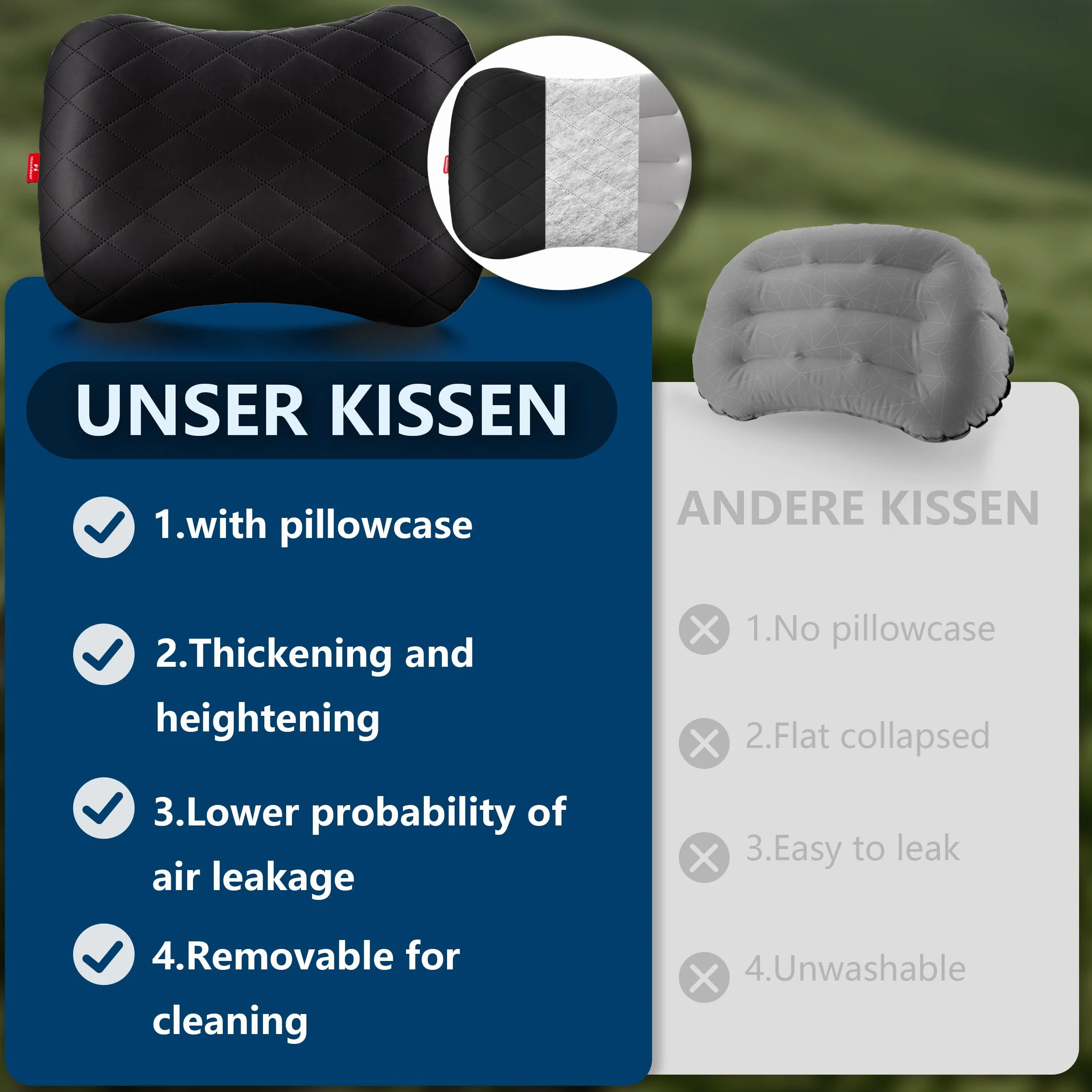 Hioutdoor Aufblasbares Kissen Kopfkissen für Camping mit Abziehbarem Kissenbezug Luftkissen Strand/Outdoor Ergonomisches Reisekissen Inflatable Travel Neck Pillow Bequemes Schlafkissen (Schwarz)