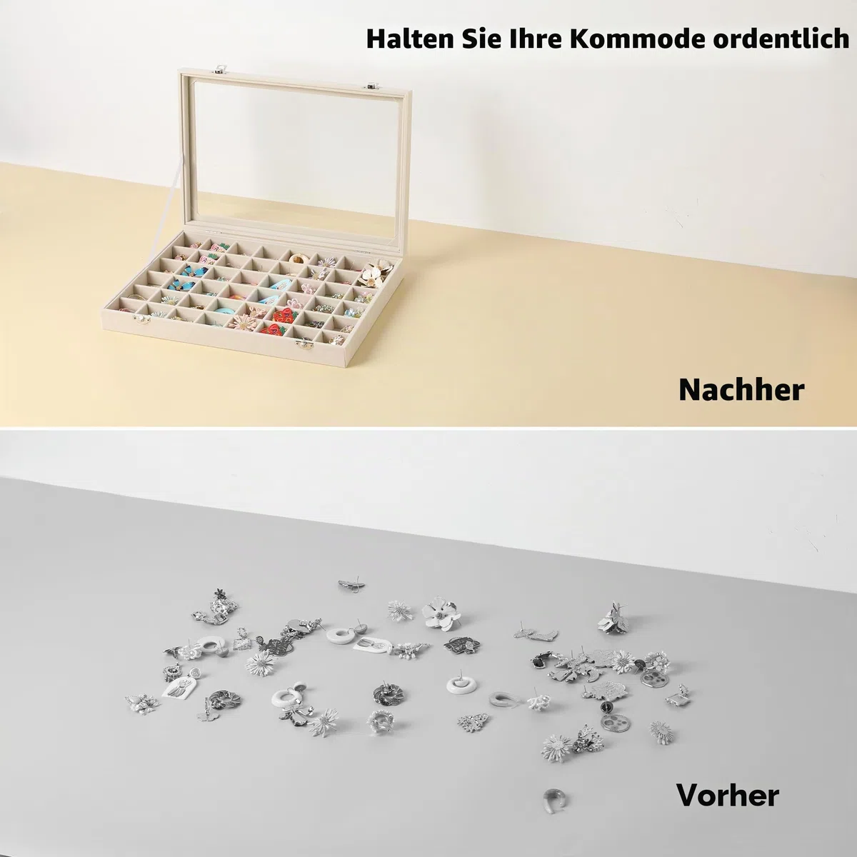 Frebeauty Schmucktablett mit 48 Fächern, verstellbarer Ohrringhalter mit Glasdeckel, Samt-Schublade, Schmuck-Organizer für Ringe, Nieten, 35,8 x 24,1 x 5,1 cm, Schmuckbox, Geschenk für Frauen (Beige)