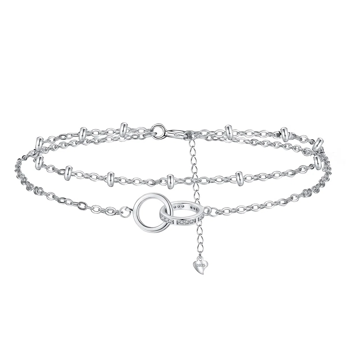 Fußkettchen Damen Silber 925 Doppelkette mit Kugelperlen Fusskettchen Sommer Barfuß Strand Fußketten Verstellbar |22cm+4|