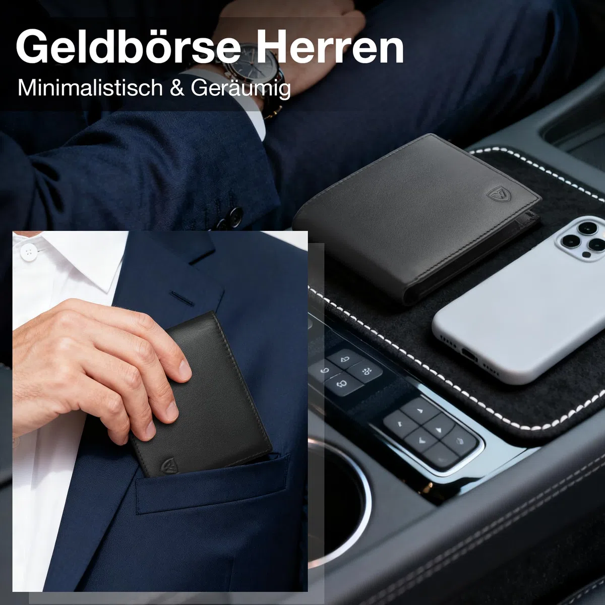 WONSEFOO Geldbörse Herren Leder mit RFID Schutz | Portmonee Slim mit 9 Kartenfächer Wallet Portemonnaie Herren Klein mit Münzfach | Geldbeutel Schwarz
