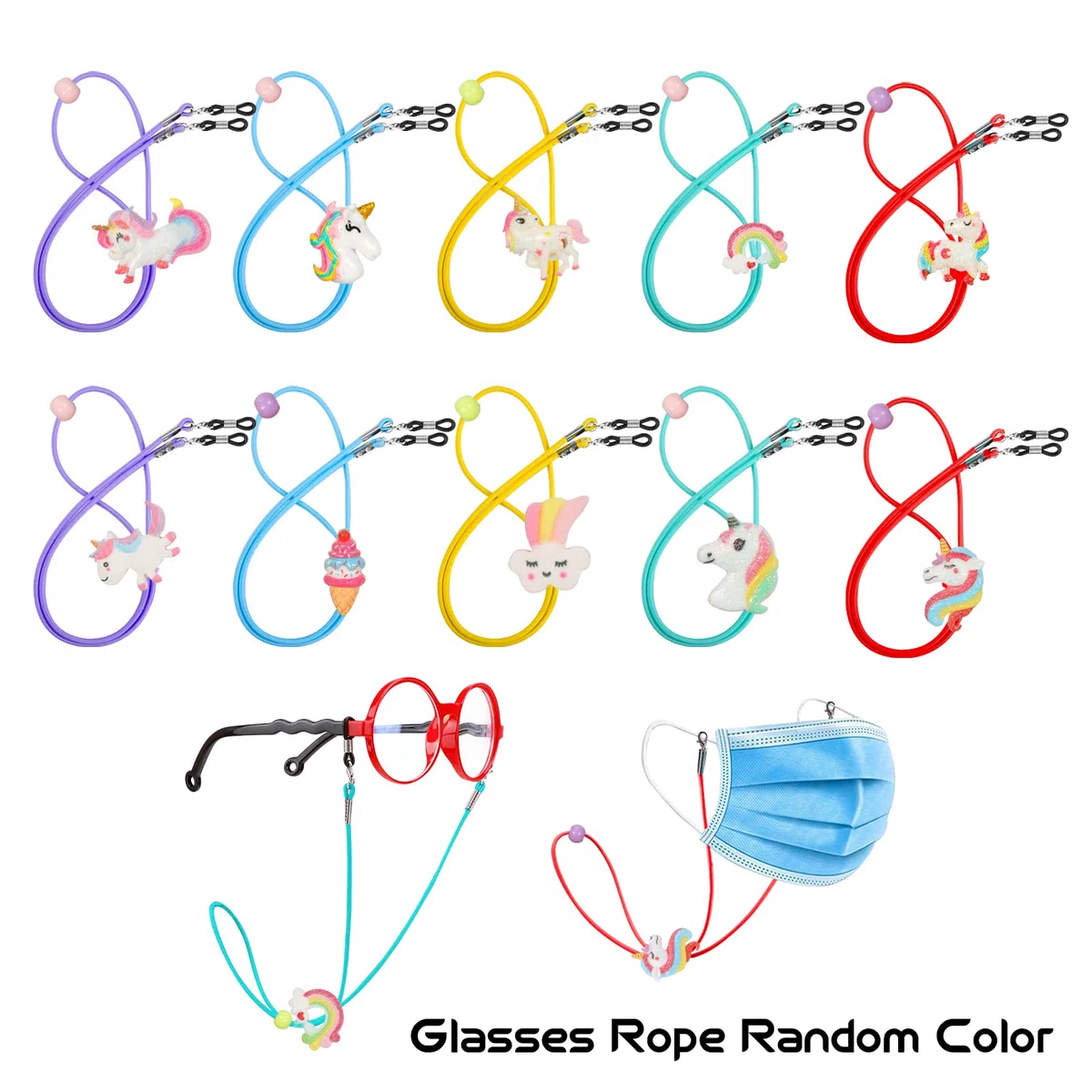 Hifot 10 Stück Kinder Brillenband, Einhorn Maskenband Verstellbar Lanyard Sonnenbrille Brillenschnur Brillenkette Brillenkordel Sport für Mädchen