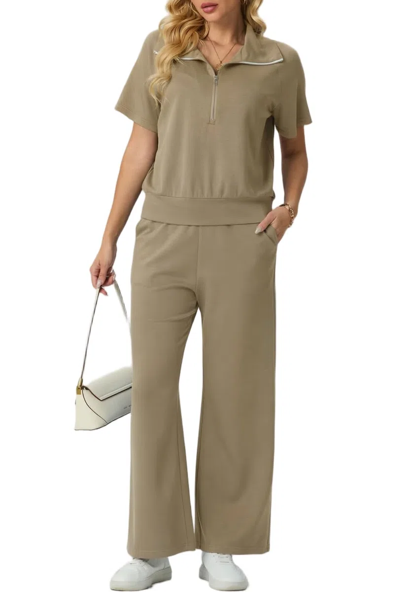 GRECERELLE Jogginganzug Trainingsanzug Damen Sommer Lässige Zweiteiler Outfits Tracksuit Kurzarm V Neck Halb Zip Tops und Jogginghosen Trainingsanzüge mit Taschen