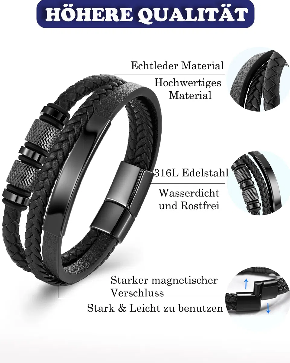 Armband Herren - Lederarmband - Edelstahl-Magnetschließe Armband - Geflochtenes Lederarmband - Armbänder für Herren als Geschenk für Geburtstag, Valentinstag, Weihnachten oder Vatertag Schwarz