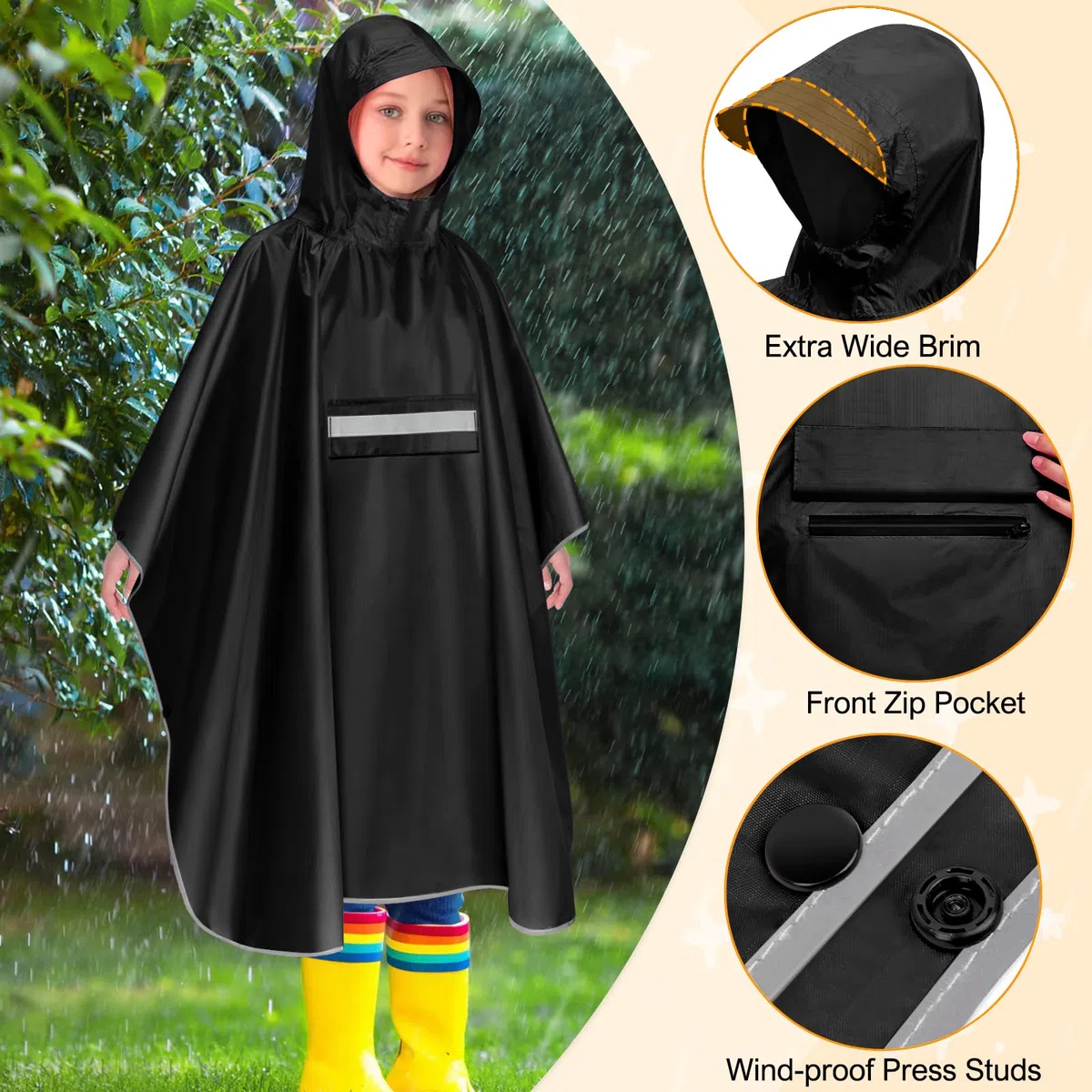 Regencape Kinder, Unisex Regen Poncho Wasserdicht Regenponcho Regenkleidung Kinder Mit Reflektierender Poncho Regen Leichter Regenjacke 120-160cm