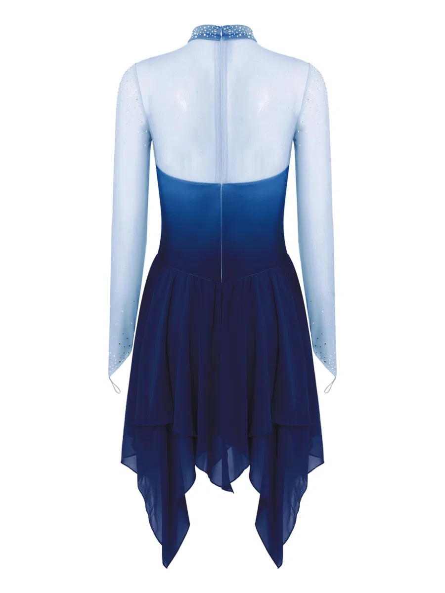 FEESHOW Damen Lyrisch Tanzkleid Langarm Farbverlauf Salsa Walzer Kleid Unregelmäßiger Saum Ballroom Tanzkostüme