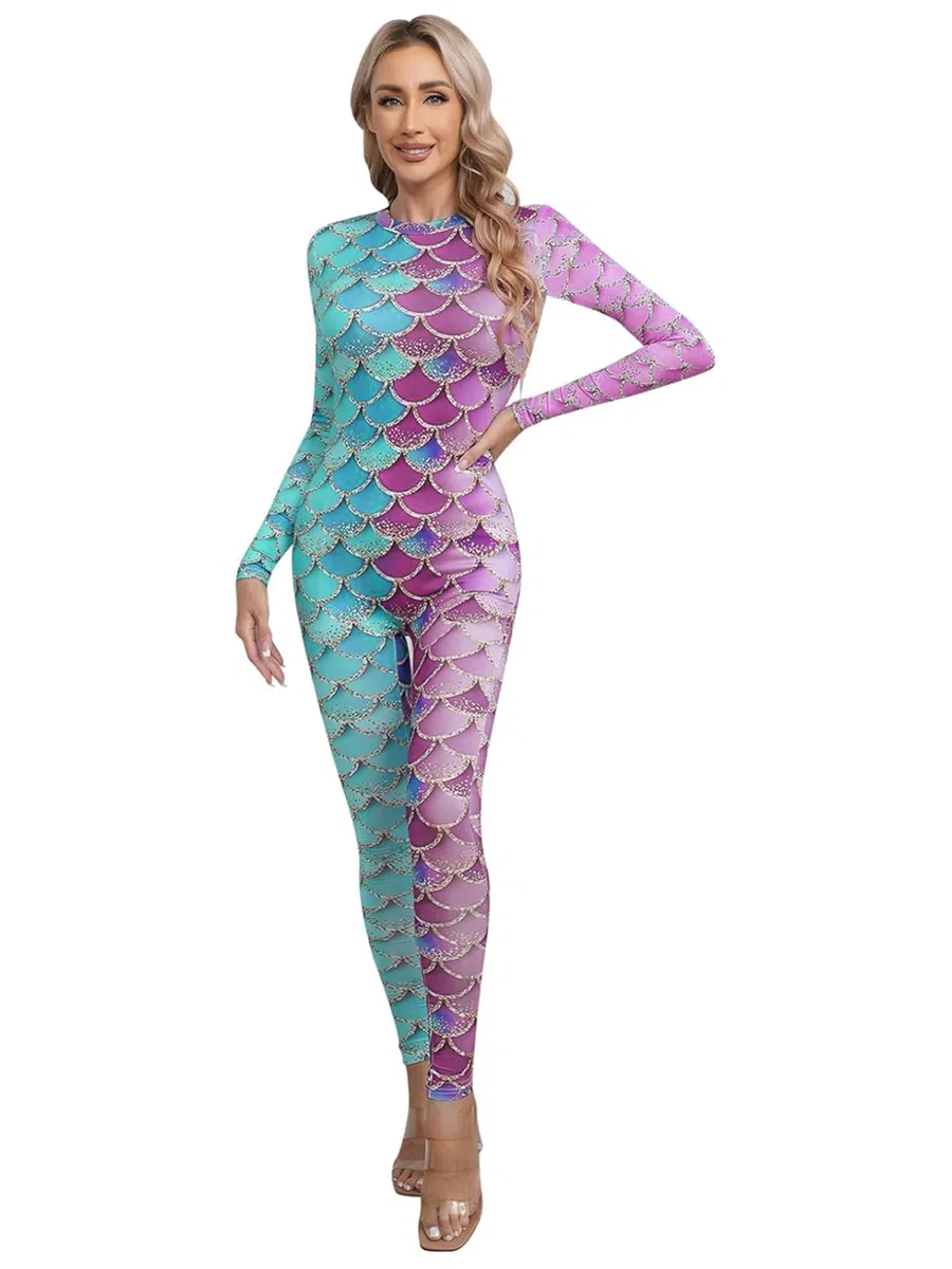 IEFIEL Damen Meerjungfrau Kostüm für Karneval Halloween Cosplay Faschingskostüm Langarm Ganzkörperanzug Ganzanzug Jumpsuit Gymnastikanzug