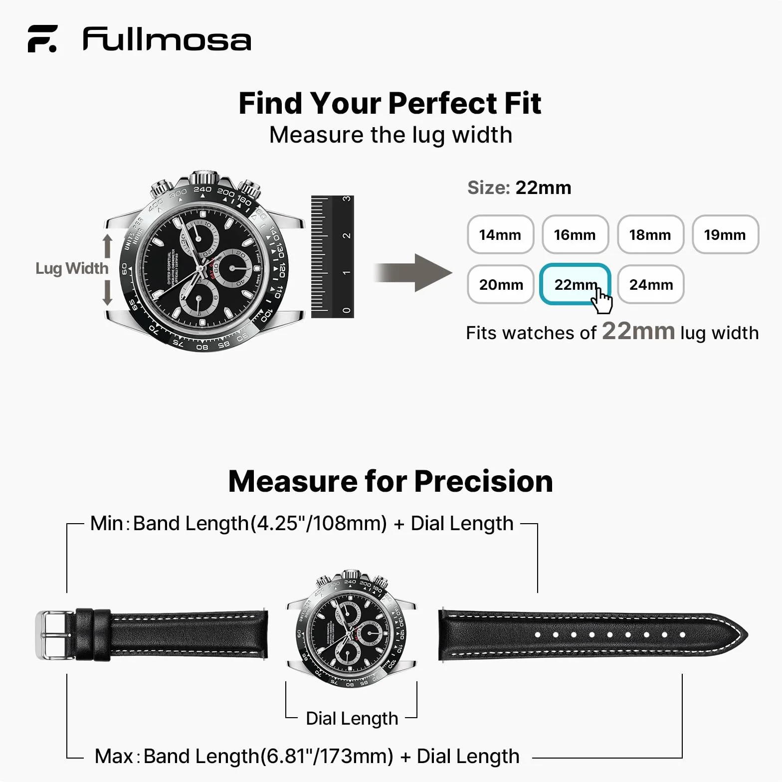 Fullmosa 12 Farben 22mm Uhrenarmband,12/14/16/18/19/20/24mm Vintage Lederarmband Ersatzrmbänder für Smartwatch und Universal-Uhr mit Edelstahl Schließe für Herren,22mm Uhrband Schwarz