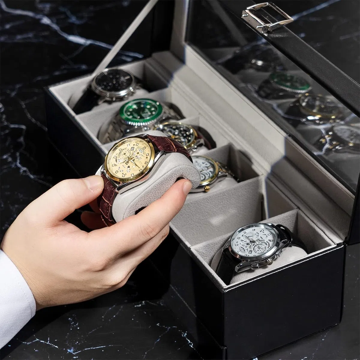 ProCase Uhrenbox mit 6 Fächern，Uhrenkasten mit Glasdeckel, 2 Ebenen, Uhrenkoffer mit herausnehmbaren Uhrenkissen, Uhrenschatulle für Schmuck, Ringe, Armbänder und Halsketten -Schwarz