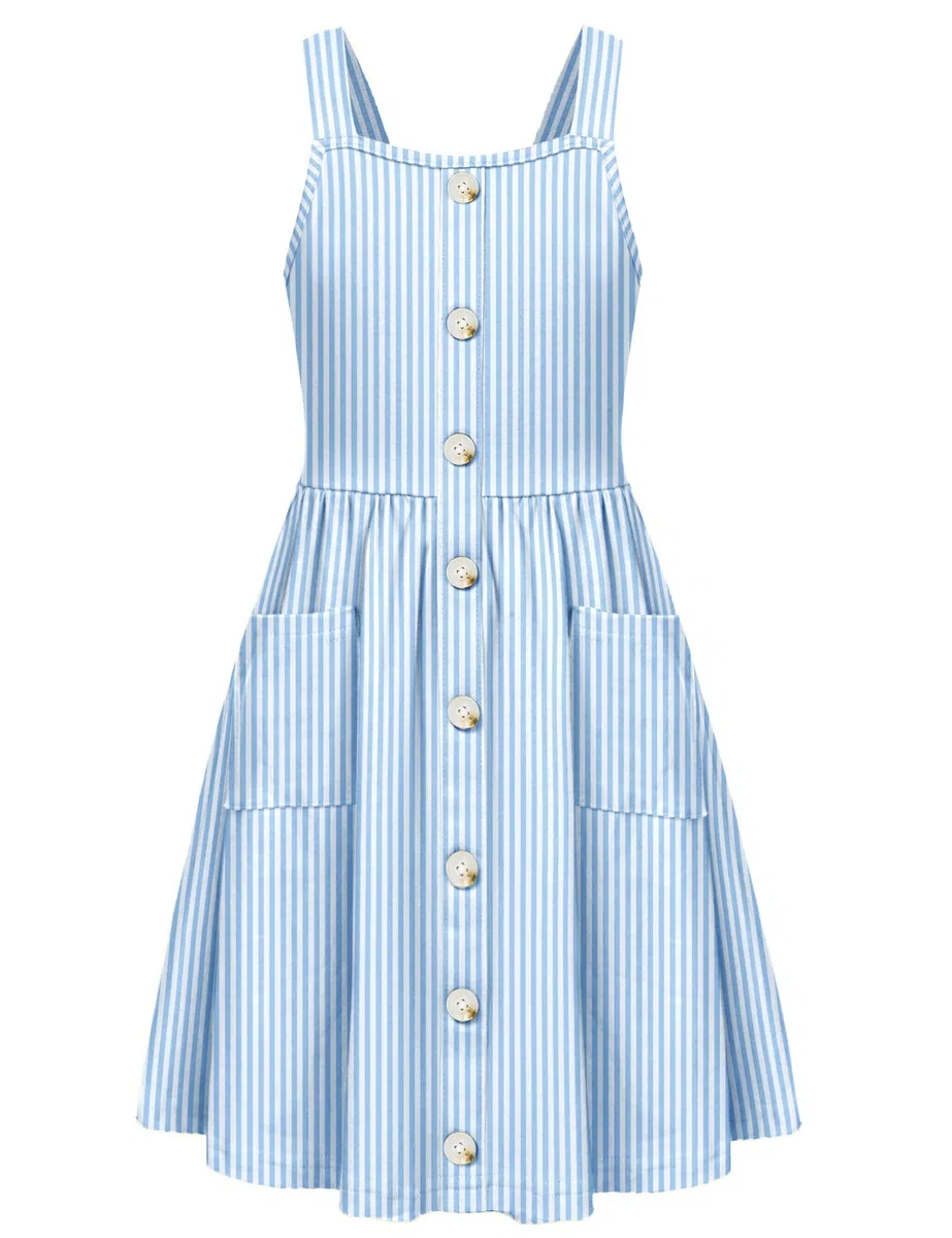 Arshiner Mädchen Kleider Ärmelloses Kinderkleid Knopfleiste Trägerkleid Sommer Baumwolle Swingkleid Festliches A-Linie Freizeitkleid Elegant Kleid für Mädchen 5-15 Jahre