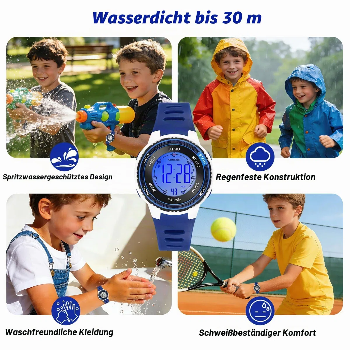 DTKID Digitale Kinderuhr Jungen Mädchen, 7-Farben-LED, Armbanduhr Kinder mit Wecker, Stoppuhr, Datum, 5 ATM wasserdichte Outdoor Sportuhr Kinder Uhren für Teenager