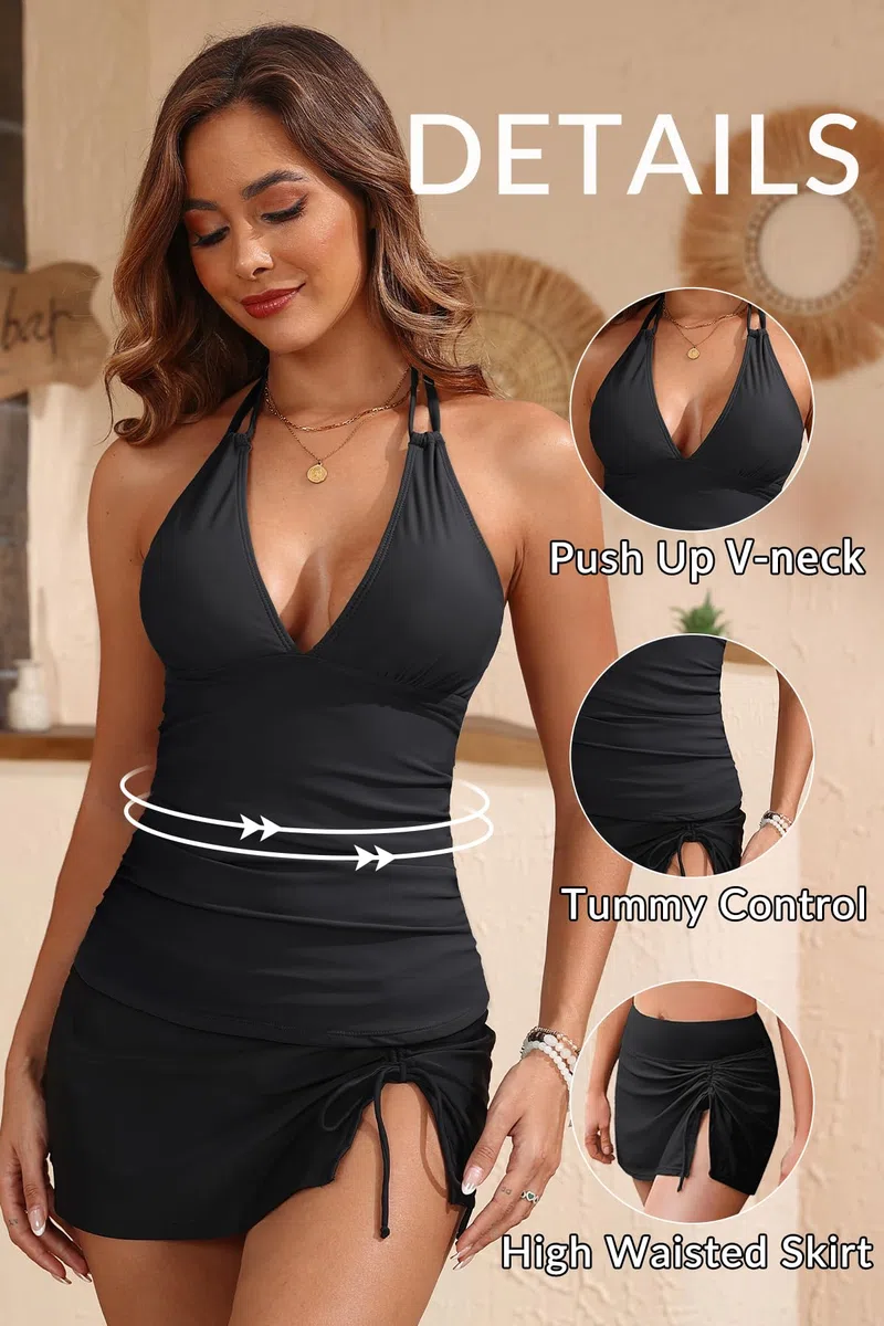 Yonique 2 Piece Swimsuits for Women Halter Tankini Top with Skirt Bottom Tummy Control Bathing Suit