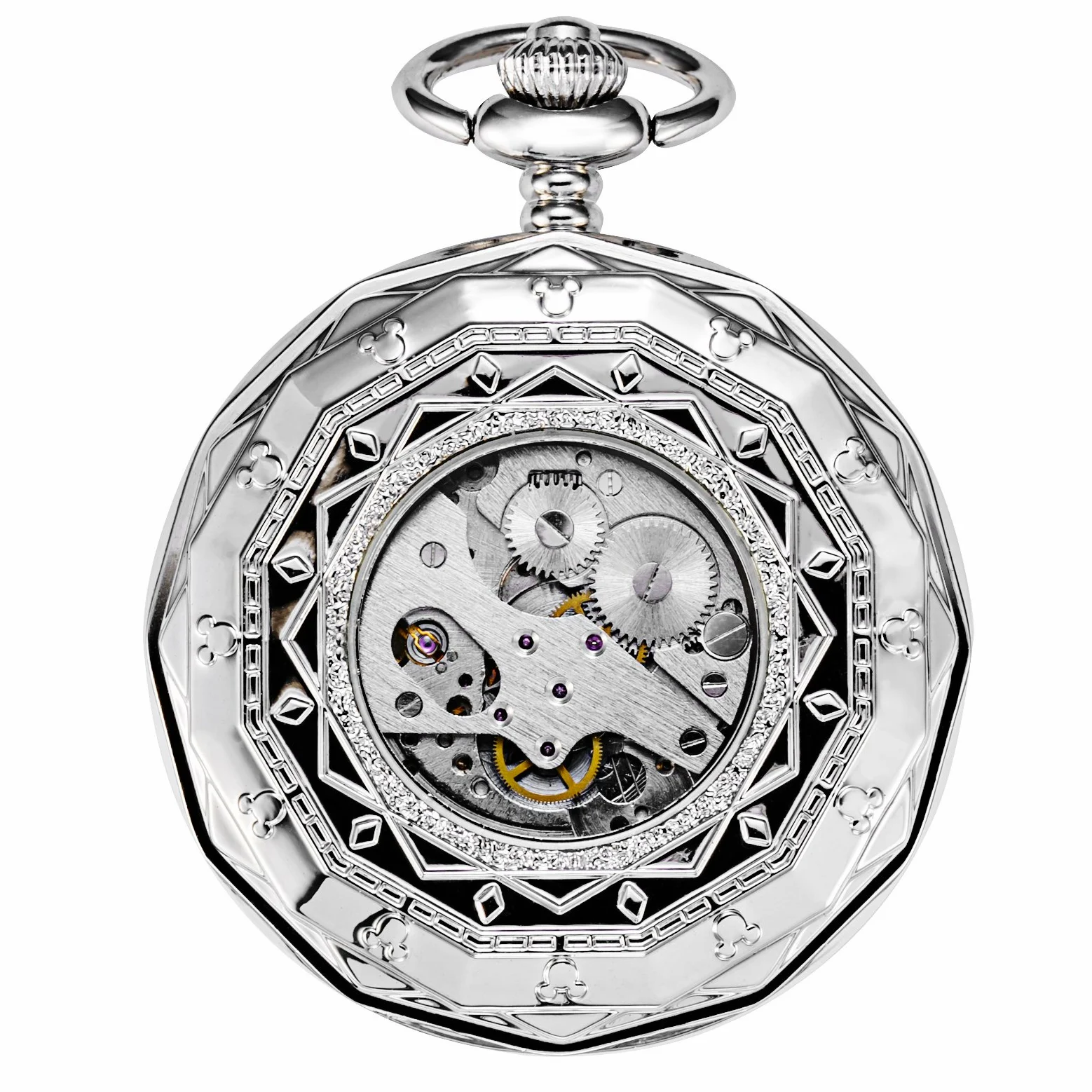 TREEWETO Mechanische Taschenuhr, römische Ziffern, offenes Zifferblatt mit Kette, 24 Stunden, Mond, Sonne + Box