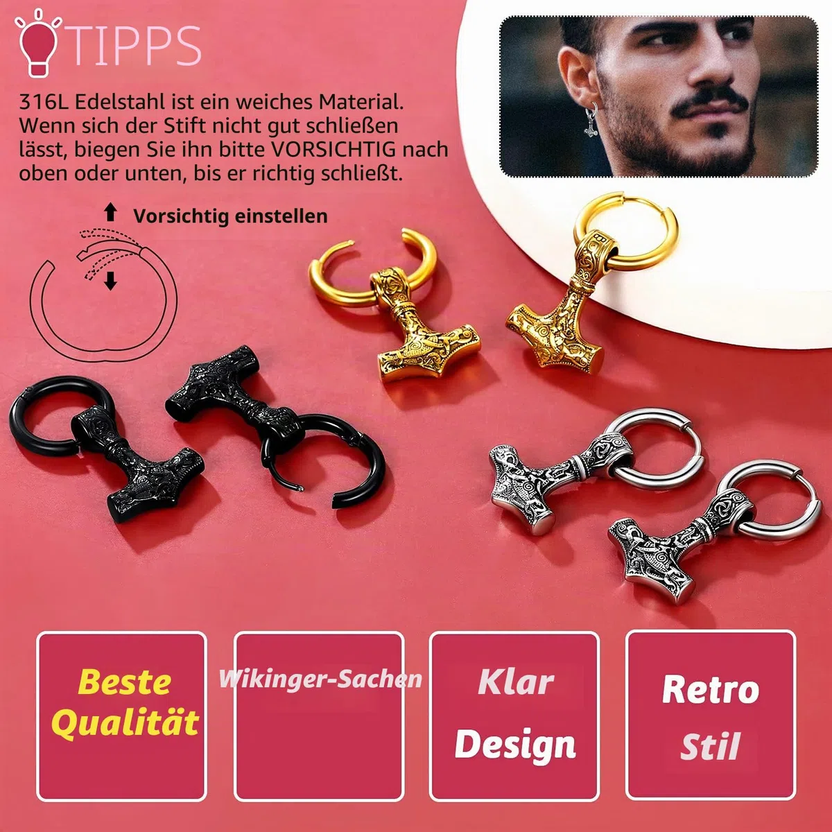 FaithHeart Wikinger Ohrring für Herren, Viking Stil Mjölnir Ohrhänger für Damen, Wikinger Axt Ohrschmuck, Hängende Pfeil Ohrstecker mit Geschenkebox für Ihnen und Geliebte