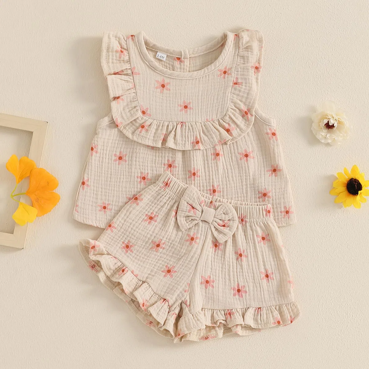 Baby Mädchen Musselin Kleidungset Kurzarm Oberteil+ Shorts Rüschen Babysets Schleife und Blumenmuster Bekleidungssets für Neuergeborene